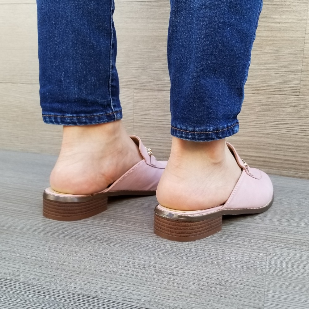 Pink Slip on flat mule loafer W gold buckle_2